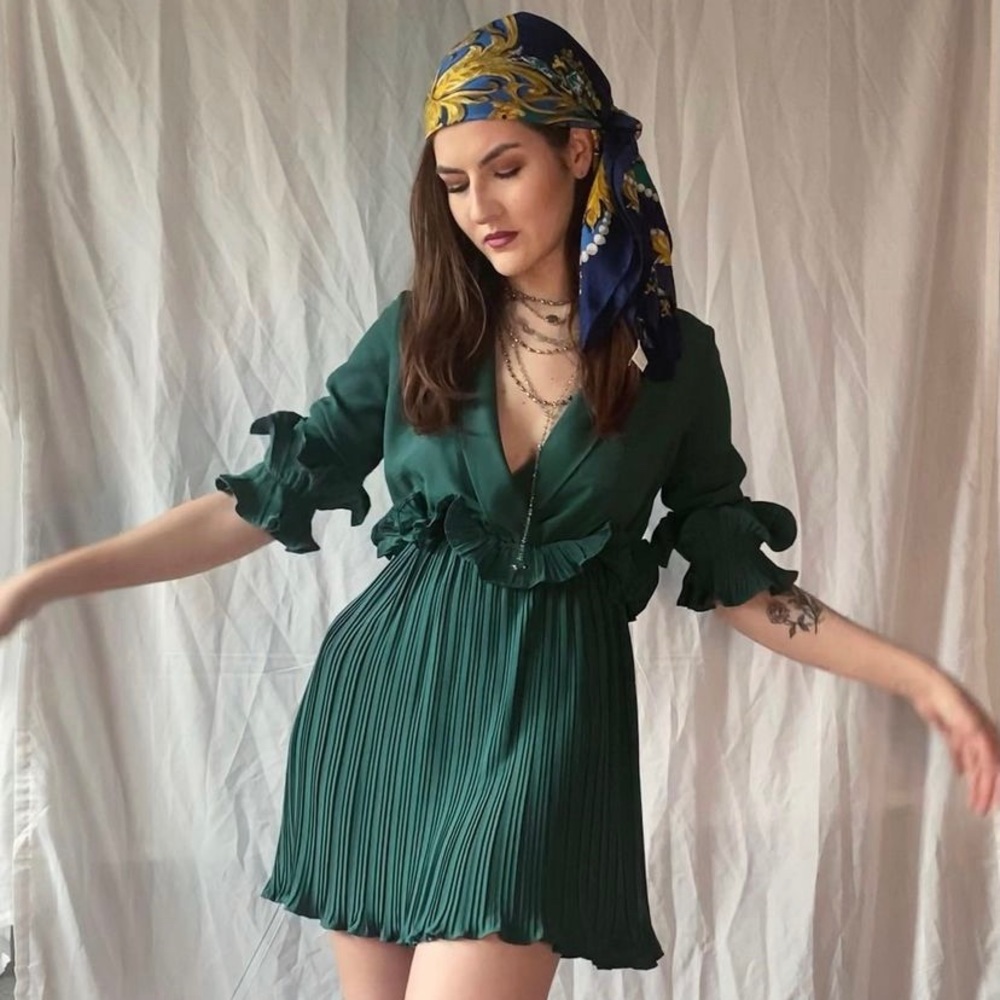Pretty Little Thing “Emerald Green Frill Detail Pleated Skater Dress”